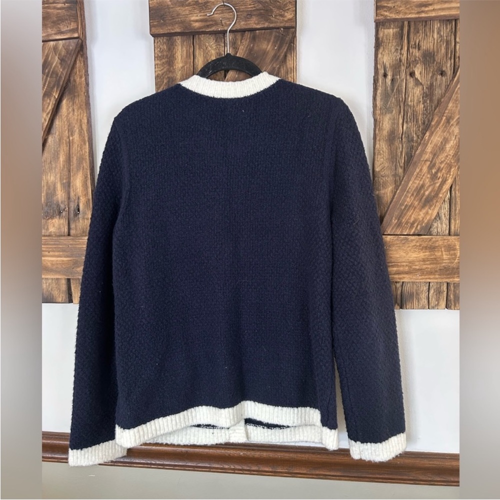 TALBOTS Boucle dipped sweater cardigan button down navy blue, white - Picture 2 of 11